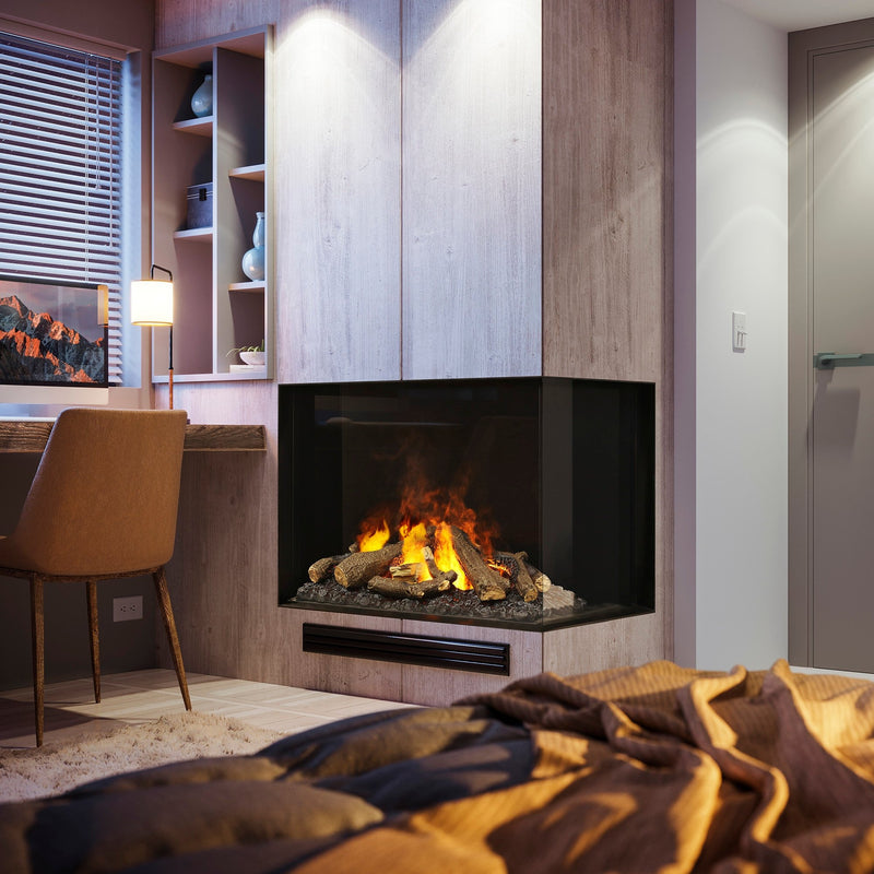e-MatriX 32"x26" Electric Firebox – Right-Facing Two-Sided Built-In Fireplace | Water Vapor Flame, Charred Logs, Crackling Sound (X-FEF3226L2R)