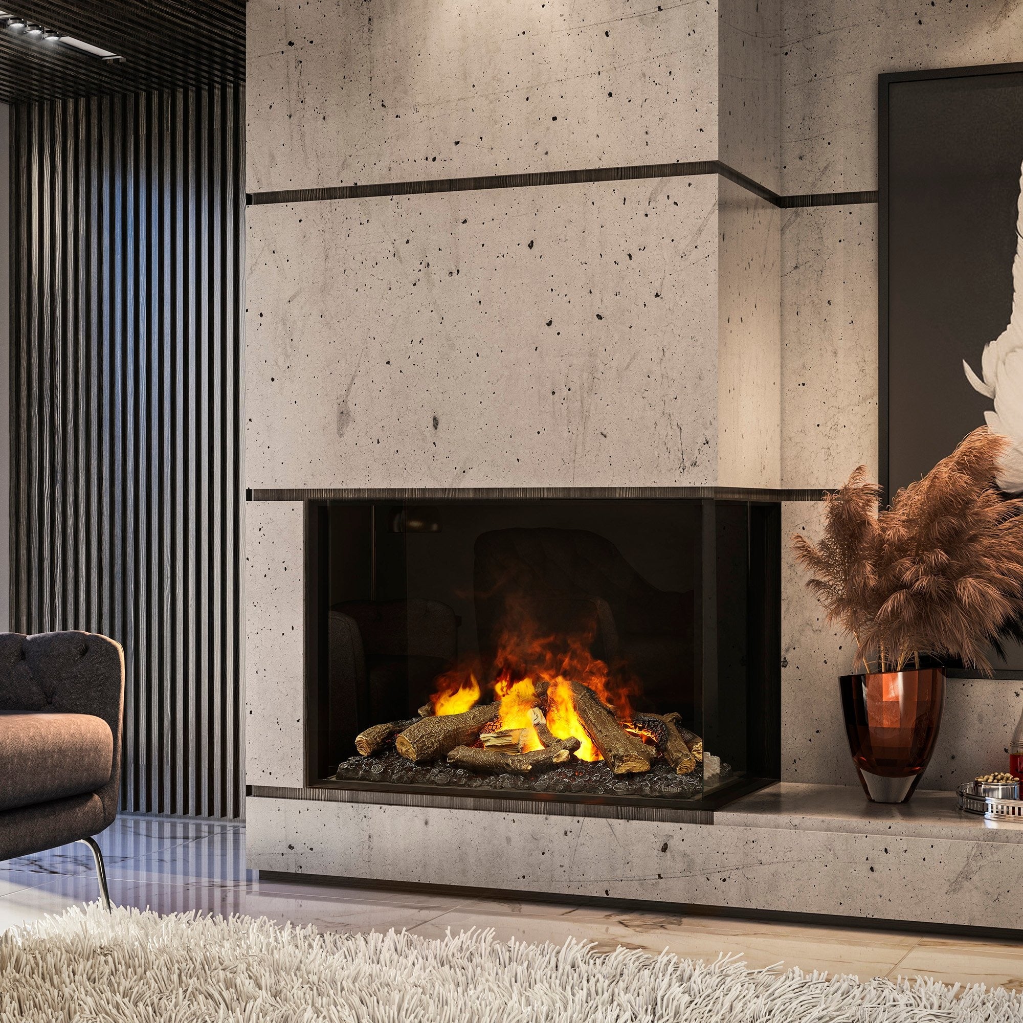 e-MatriX 32"x26" Electric Firebox – Right-Facing Two-Sided Built-In Fireplace | Water Vapor Flame, Charred Logs, Crackling Sound (X-FEF3226L2R)