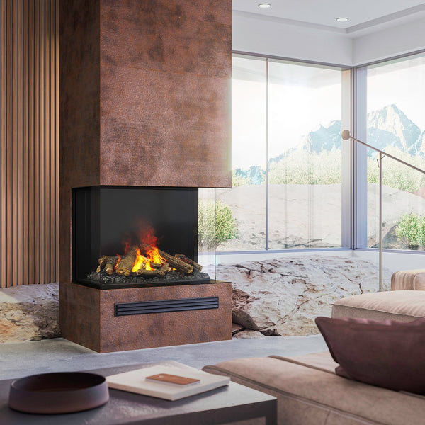 e-MatriX 32"x26" Electric Firebox three-sided bay firebox with realistic water vapor flames and charred log set