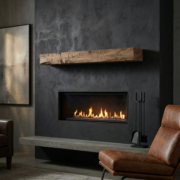 Hayloft Non-Combustible concrete mantel shelf in pale honey finish with rustic barnwood texture and intricate details