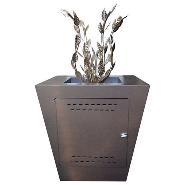 Kochia Gas Fire Pit with stainless steel leaf burner design emitting natural gas flame in outdoor setting