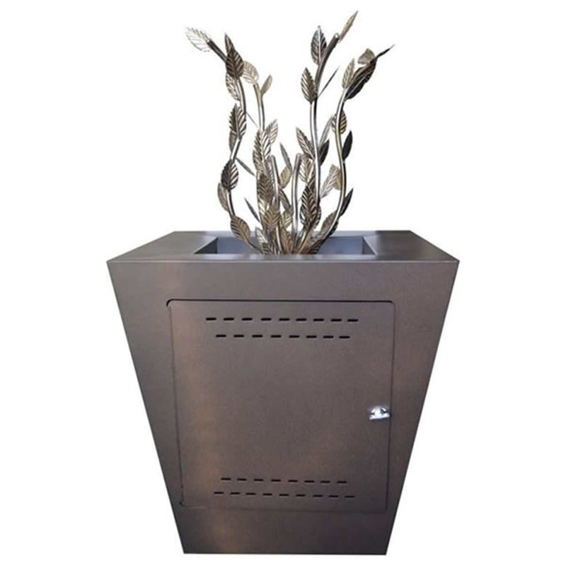 Kochia Gas Fire Pit with stainless steel leaf burner design emitting natural gas flame in outdoor setting