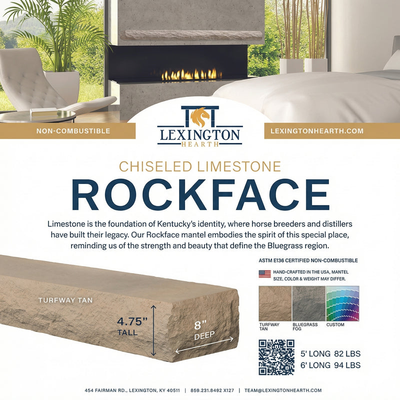 Rockface Stone Non-Combustible Concrete Mantel Shelf Turfway Tan Finish