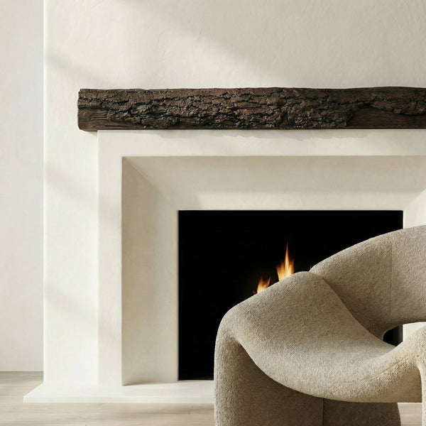 Half-round log mantel shelf with roasted chestnut finish, non-combustible concrete, rustic reclaimed wood look, rockface stone mantel shelf alternative