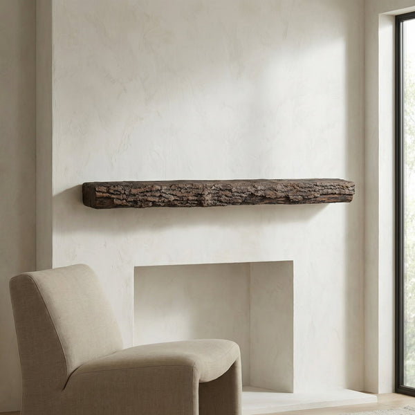 Half-round non-combustible concrete mantel shelf with maduro finish mimicking reclaimed barnwood rockface stone mantel shelf