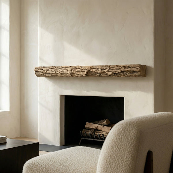 Half round non-combustible concrete mantel shelf with pale honey finish and reclaimed wood texture
