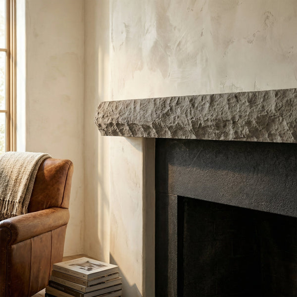 Rockface Stone Mantel Shelf in Turfway Tan finish with chiseled limestone-inspired design