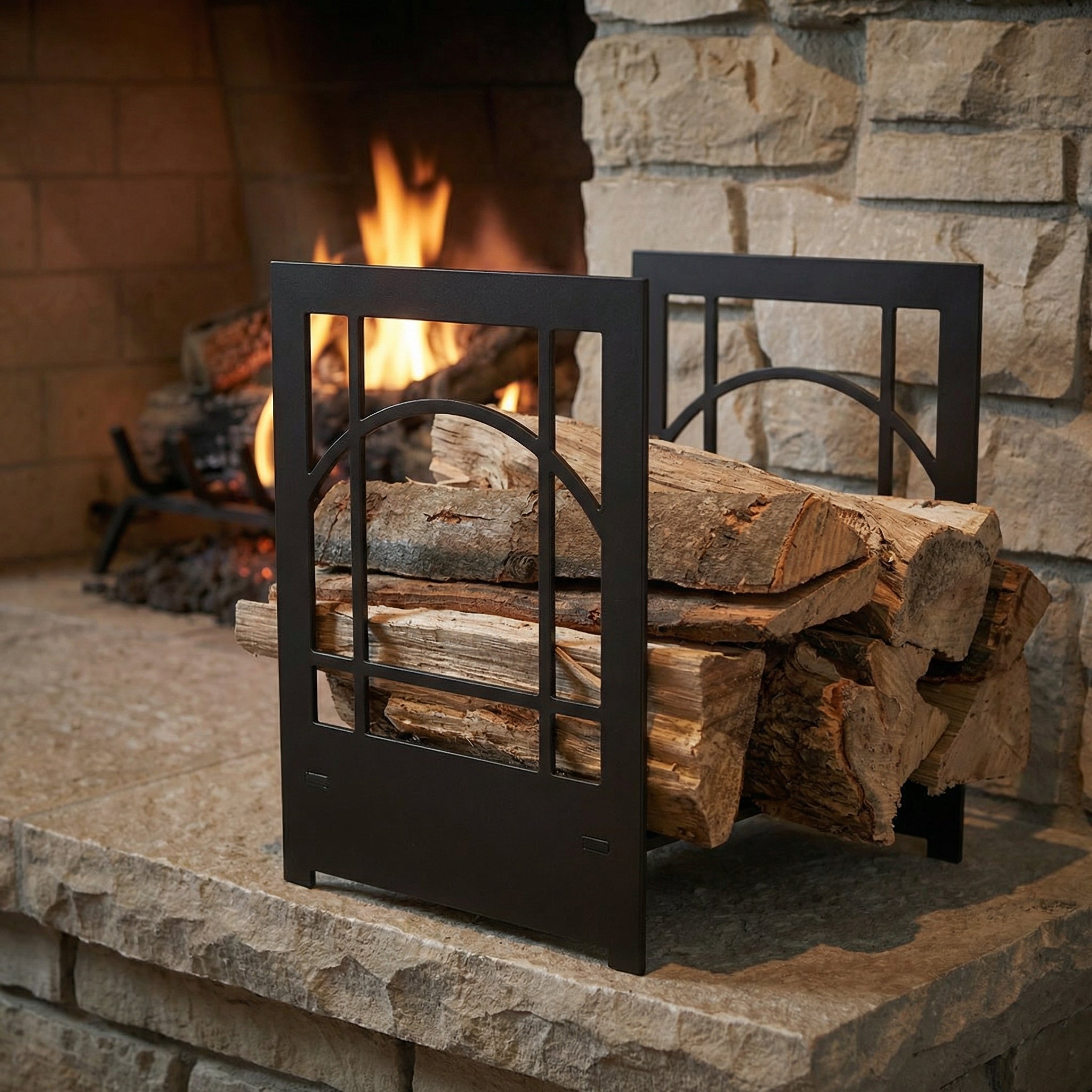 Design Specialties Log Holder heavy-duty 3/16” laser-cut steel firewood rack with arched design and custom finishes
