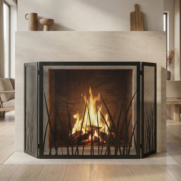 Steel custom folding free standing fireplace screen with solid steel frame and heavy gauge mesh