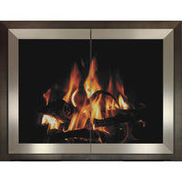 Contemporary masonry and prefab fireplace door with steel and aluminum frame and soft-close hinges