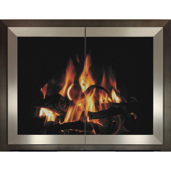 Contemporary masonry and prefab fireplace door with steel and aluminum frame and soft-close hinges