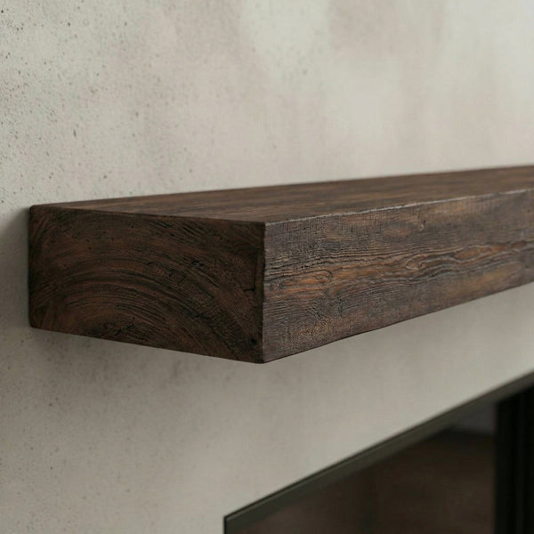 Flat sawn non-combustible concrete mantel shelf with maduro finish and rough-sawn woodgrain texture