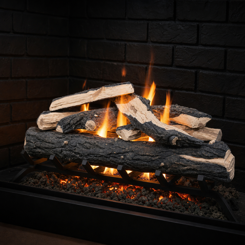 Split Oak 36 inch vented ceramic gas log set in fireplace
