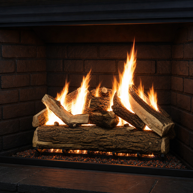 Country Oak 48 inch vented ceramic gas log set in fireplace