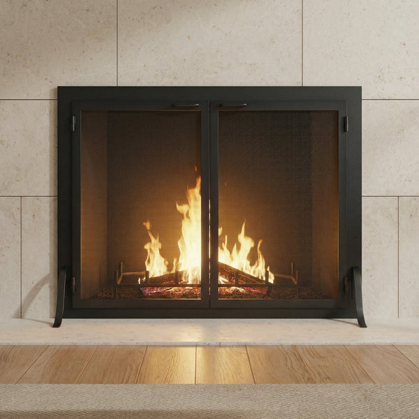 Custom fireplace screen with operable doors, solid steel frame, heavy gauge mesh, made in USA