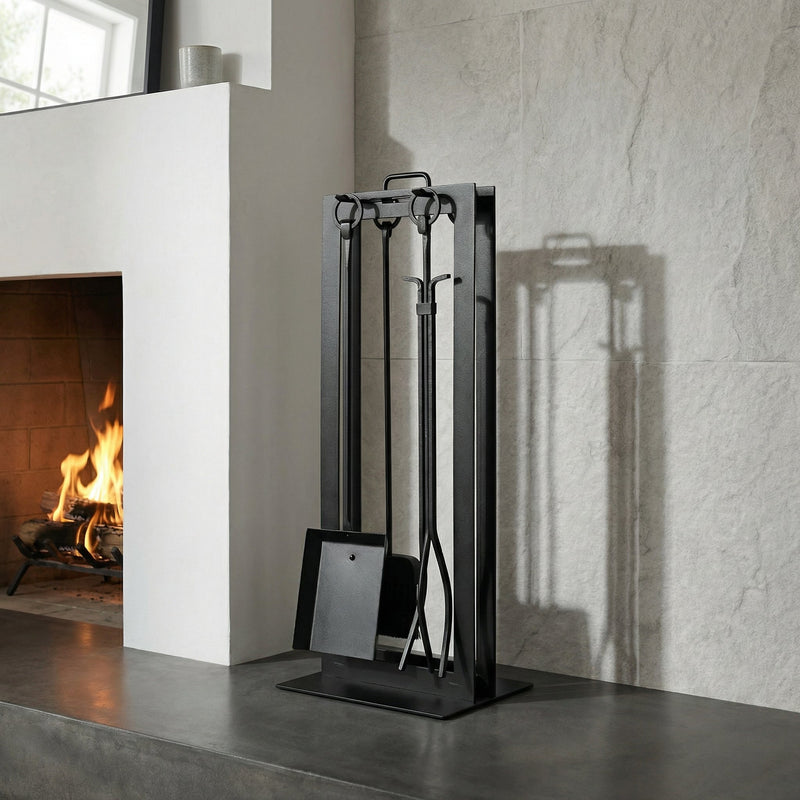 Modern fireplace tool set with freestanding stand in black steel by Design Specialties