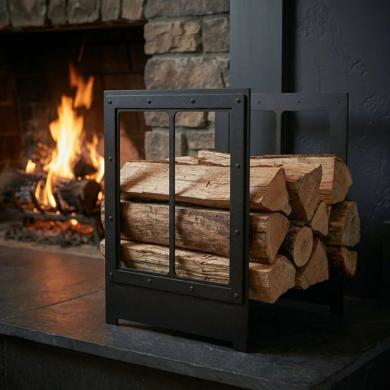 BLACK ROCK FIREPLACE SCREEN // 60" W x 54" H // CLASSIC FOOT // RUGGED STEEL HANDLES // ANTIQUE IRON FINISH + 3/16" BLACK ROCK LOG HOLDER // ANTIQUE IRON FINISH