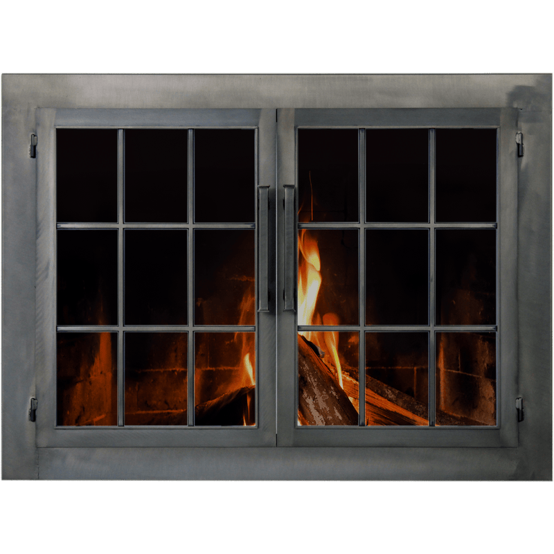 Industrial masonry and prefab fireplace glass doors with raw metal design and double pane factory window style
