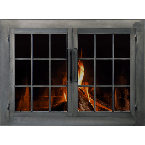 Industrial masonry and prefab fireplace glass doors with raw metal design and double pane factory window style