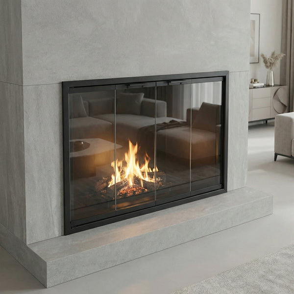 Seaside Standard Glass Doors aluminum frame by Stoll Industries, made in USA, flat or formed frame, custom prefab fireplace doors