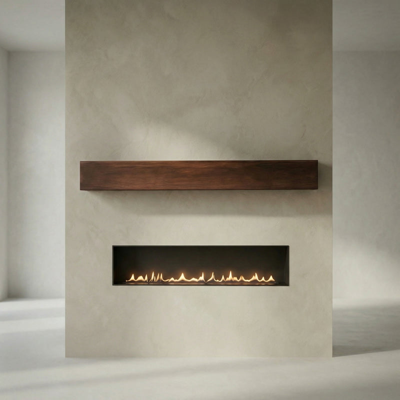 Custom Metal Floating Mantel Shelf: Non-Combustible, Wood Grain Walnut, Any Size