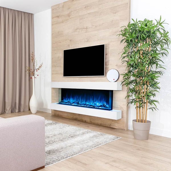 Modern Flames Landscape Pro 68-inch three-sided electric fireplace with customizable RGB flames and heater