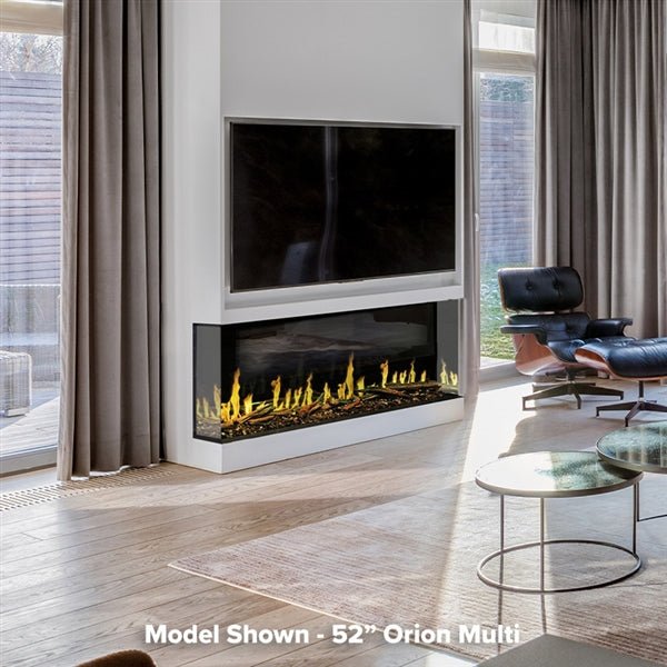 Modern Flames Orion Multi 76-inch three-sided electric fireplace with Allwood Wall System and HELIOVISION flame technology