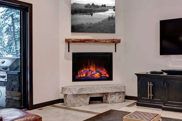Modern Flames Redstone 42-inch built-in electric firebox insert with Hybrid-FX flame technology, RGB LED lighting, driftwood logs, acrylic crystal media, and 5000 BTU heater for home or office use.