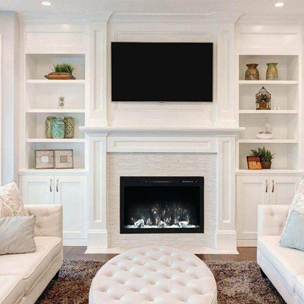 Modern Flames Sedona Pro Multi 36" three-sided electric firebox with customizable RGB flames and glowing driftwood logs