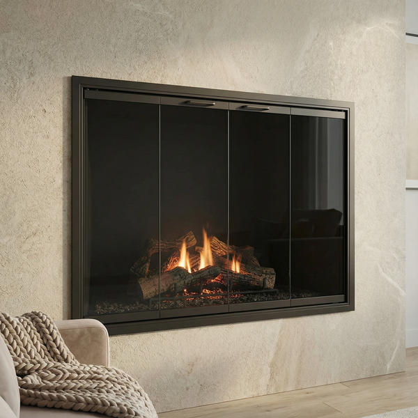 Modern Stiletto Cutback Fireplace glass doors with ultra-thin aluminum frame and tempered safety glass