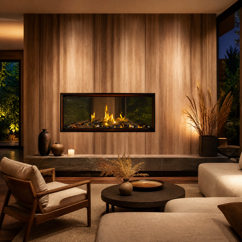 Napoleon Tall Linear Vector 74" See-Through Direct Vent Gas Fireplace - Model TLV74LN2 — lifestyle