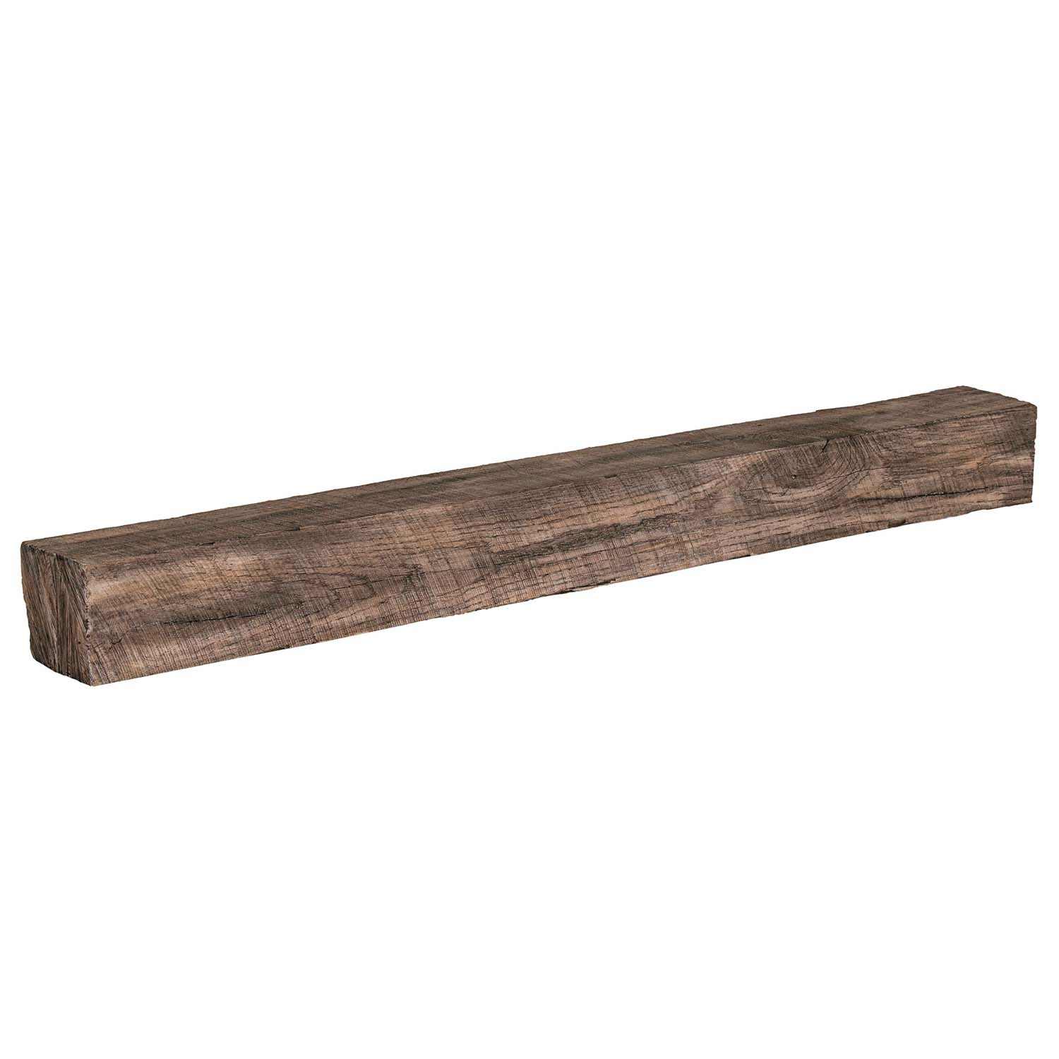 River Weathered Beam non-combustible mantel shelf with reclaimed wood and river rock finish