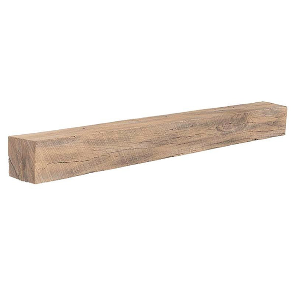 New River weathered beam non-combustible mantel shelf in wheat finish made from reclaimed white oak
