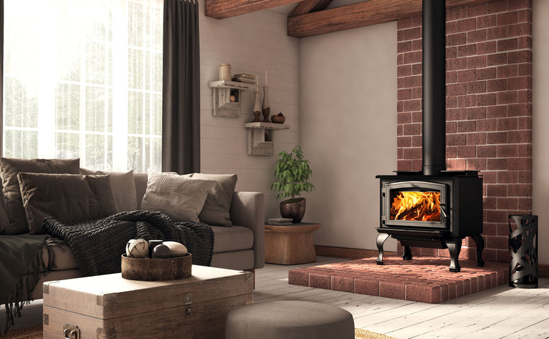 Osburn 1700 stove with included black cast iron legs OA10247 and black door overlay OA10249