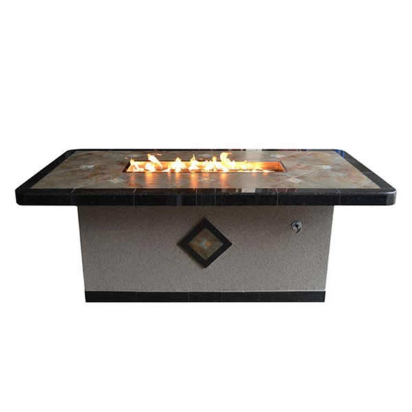 Natural stone gas fire pit table with stucco base and stainless steel burner
