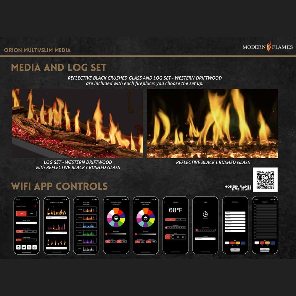 Modern Flames Orion Multi 76-Inch Three-Sided Electric Fireplace with Allwood Wall System - Model OR76-MULTI