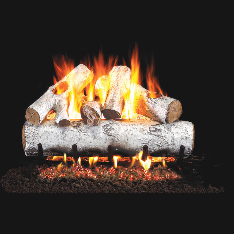 Real Fyre 24" White Birch Outdoor Vented Gas Log Set — original product reference. Arrangement and burner hardware vary by selected size and configuration.