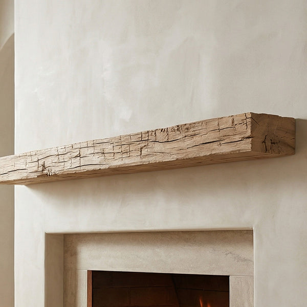 Smokehouse Non-Combustible concrete mantel shelf with pale honey finish and rustic wood grain texture