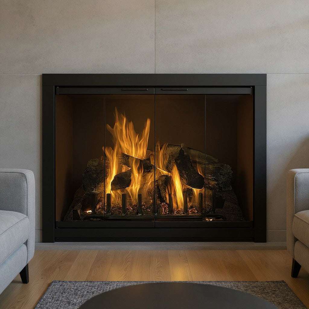 Piccolo masonry fireplace glass doors with black steel frame, tempered safety
