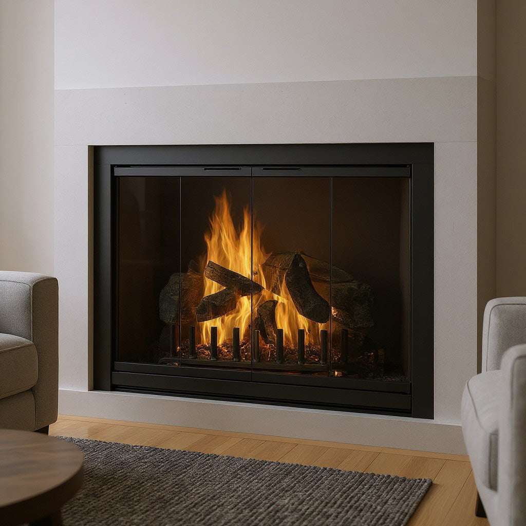 Piccolo masonry fireplace with black 2 1/2" wide steel frame glass doors and burning fire inside