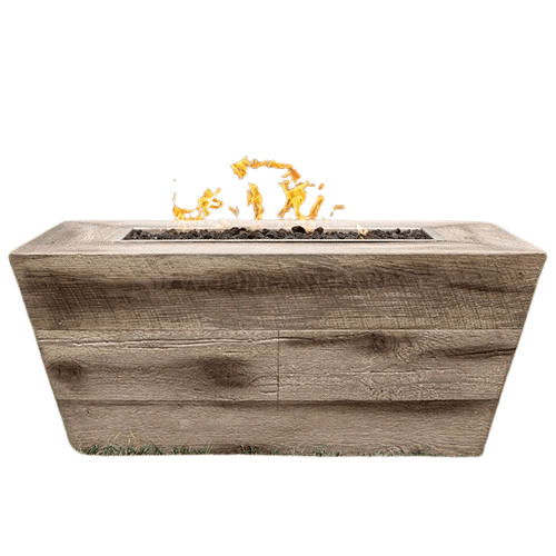 Plymouth Gas Fire Pit with wood grain finish, lava rock, and outdoor fire feature