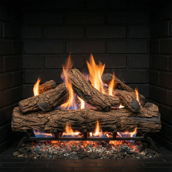 36" Country Oak Gas Log Set showing realistic ceramic logs with glowing embers in single-sided fireplace setup