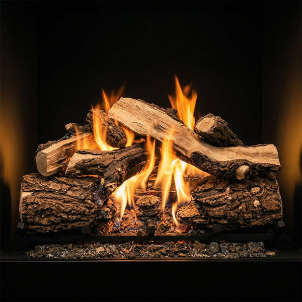 30" Country Split Vented Gas Log Set with realistic ceramic blazed oak logs for single-sided fireplaces