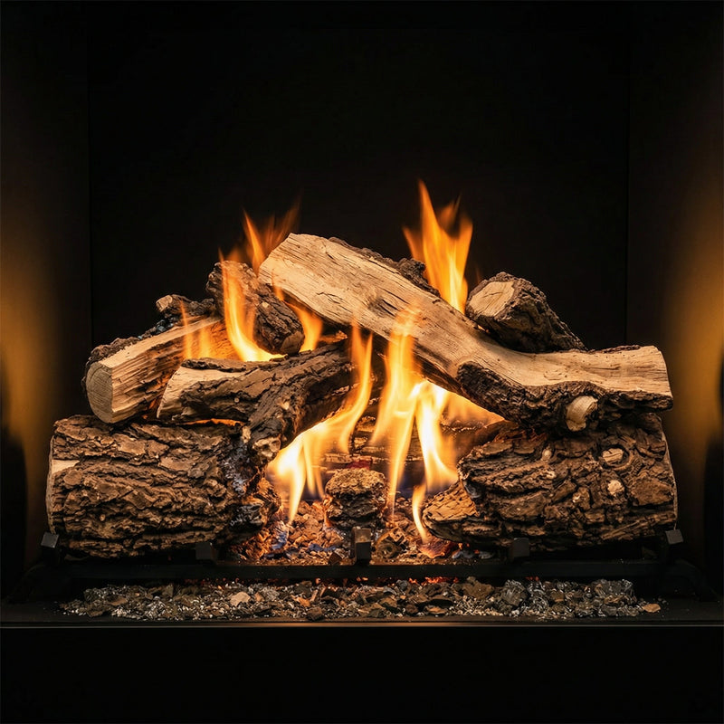 30" Country Split Vented Gas Log Set with realistic ceramic blazed oak logs for single-sided fireplaces