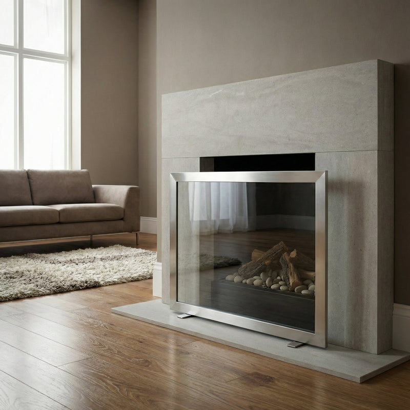 Custom Madison free standing fireplace screen with heavy gauge mesh and solid steel frame in brite nickel finish