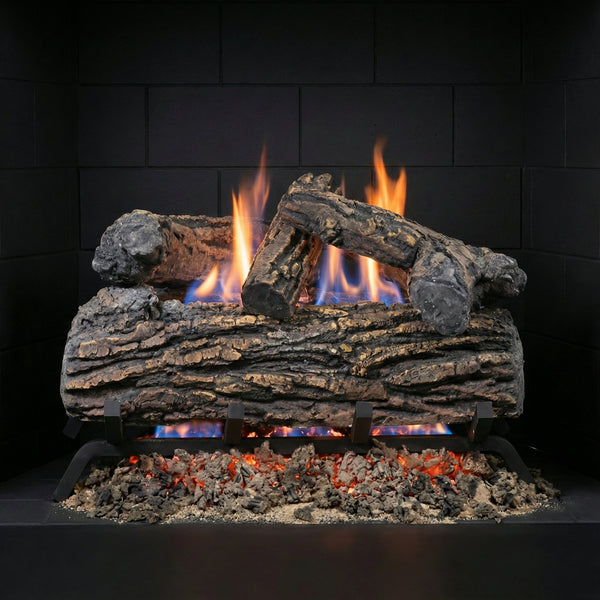 18" Country Oak Gas Log Set with vented ceramic logs and glowing embers for single-sided fireplaces