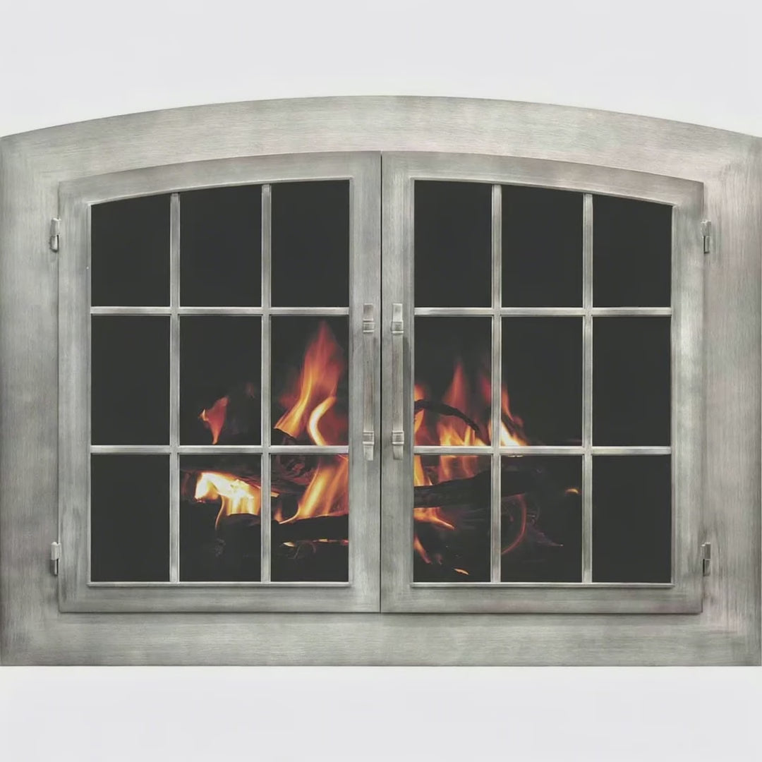Industrial - Arch Masonry Steel Fireplace Glass Doors | Cust — fire animation