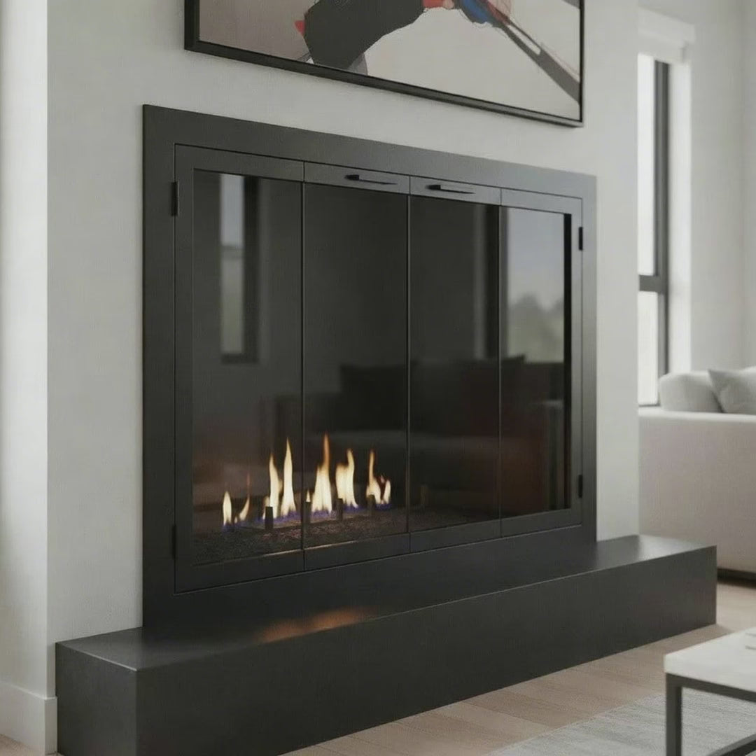 Carolina Sleek Steel Fireplace Glass Doors | Masonry & Prefa — fire animation (loop)