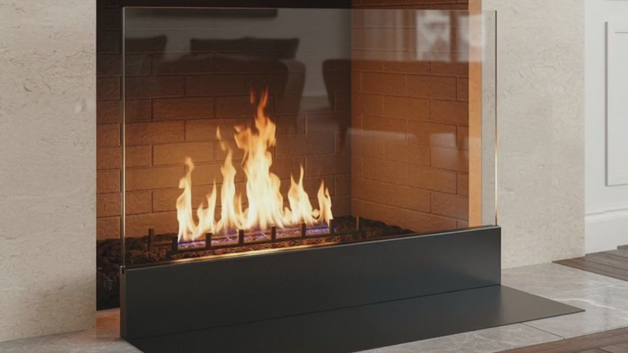 Modern Clear Glass Fireplace Screen with Steel Base – Custom Made (27 Colors)