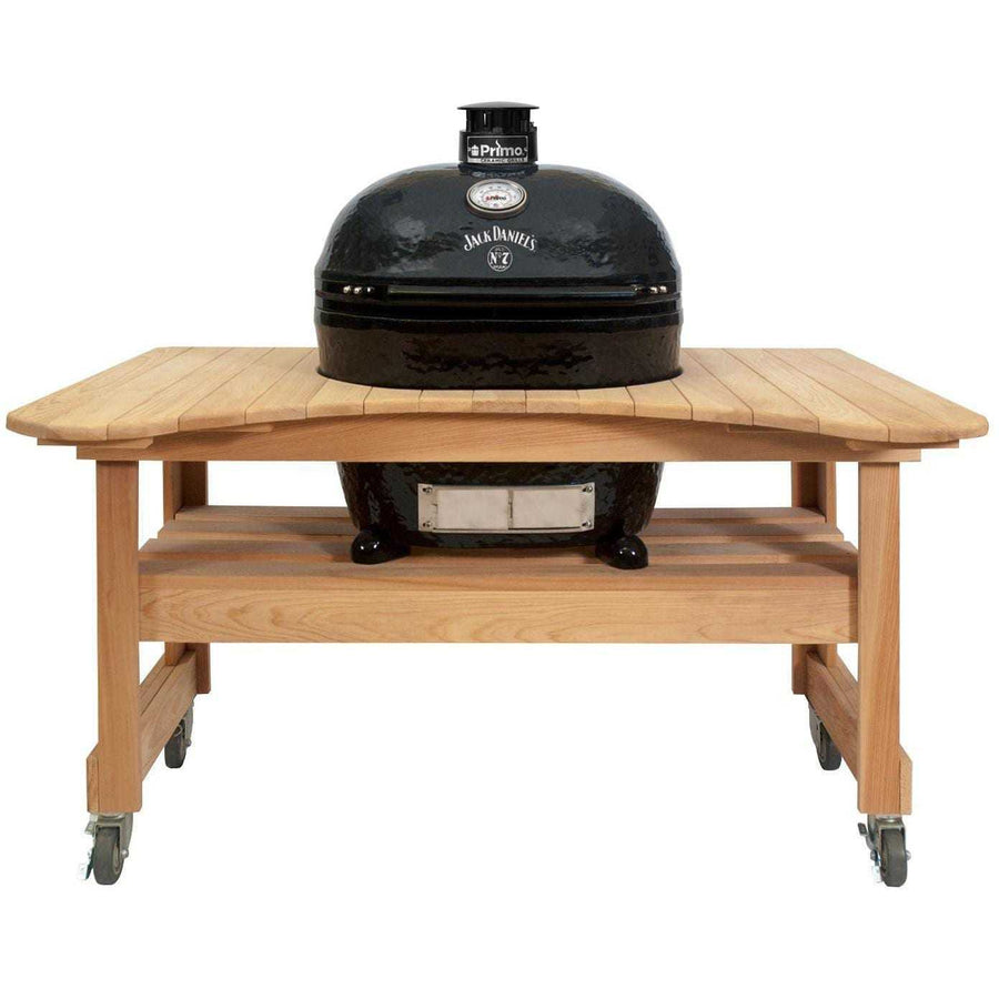 Primo Jack Daniels Edition Oval XL 400 Ceramic Kamado Grill On Curved Cypress Table With Stainless Steel Grates